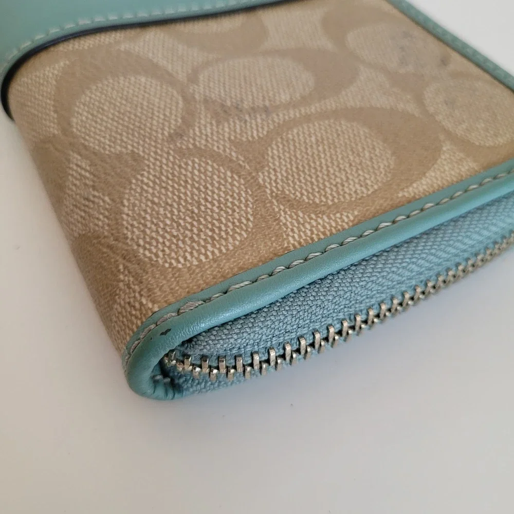 Coach Signature Accordion Zip Wallet Khaki Teal Monogram Canvas Long Wallet